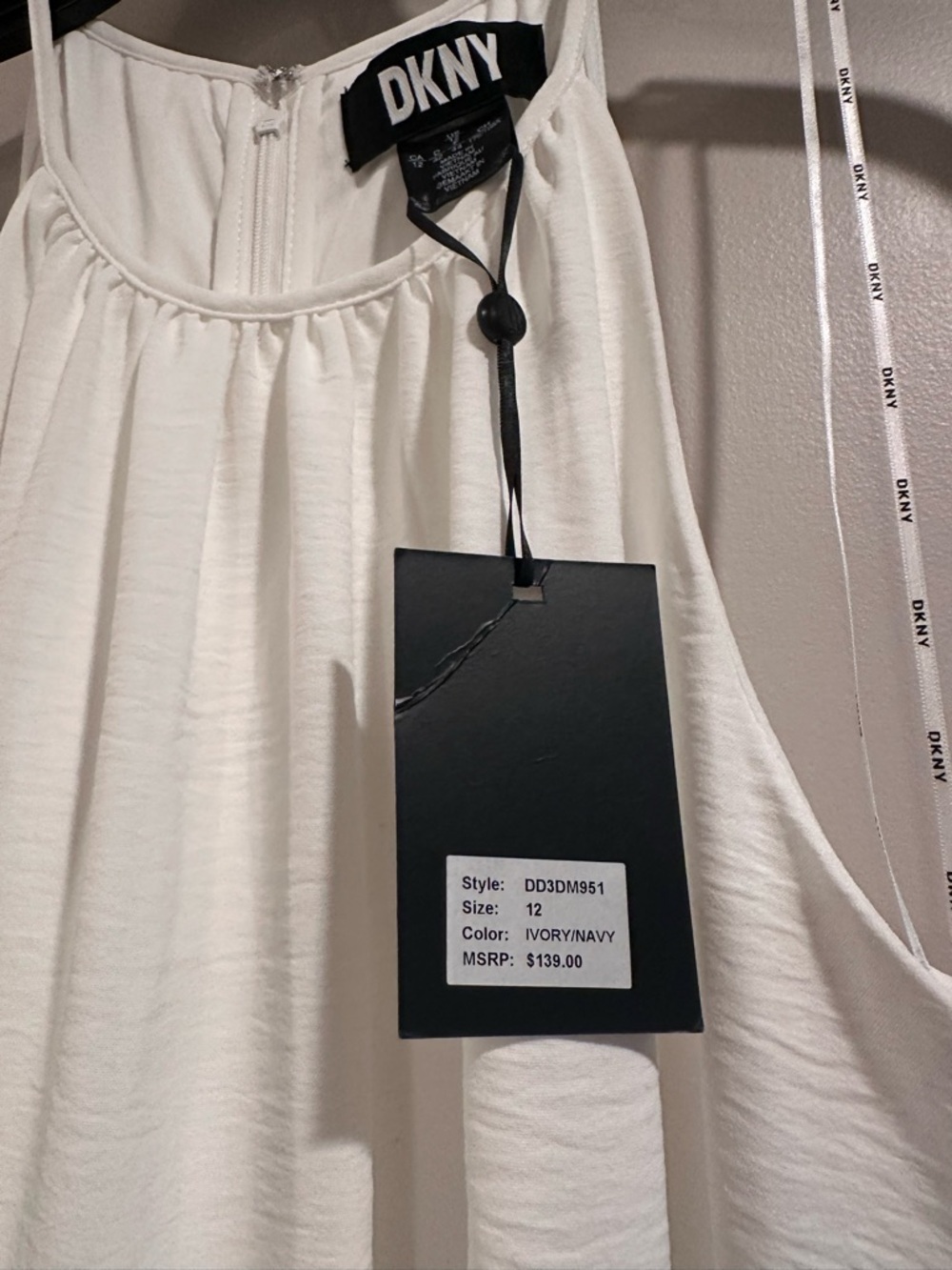 DKNY Women's Tiered Tie-Waist Halter-Neck Midi Dress Ivory/Spring Navy NWT 12 - Picture 3 of 16